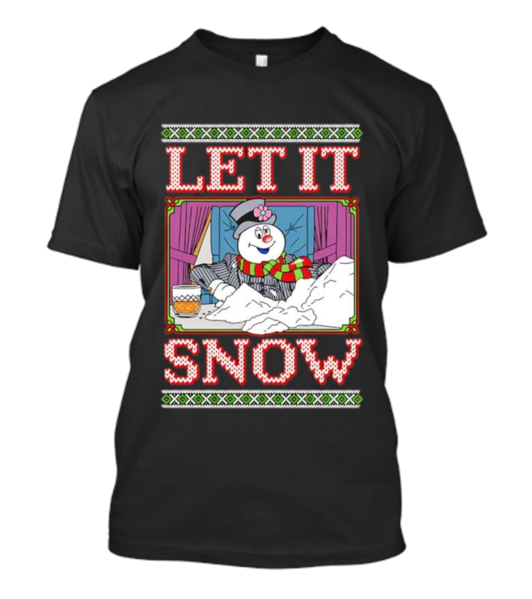 Let It Snow Christmas Snowman With Snow And Drink Scene T-Shirt