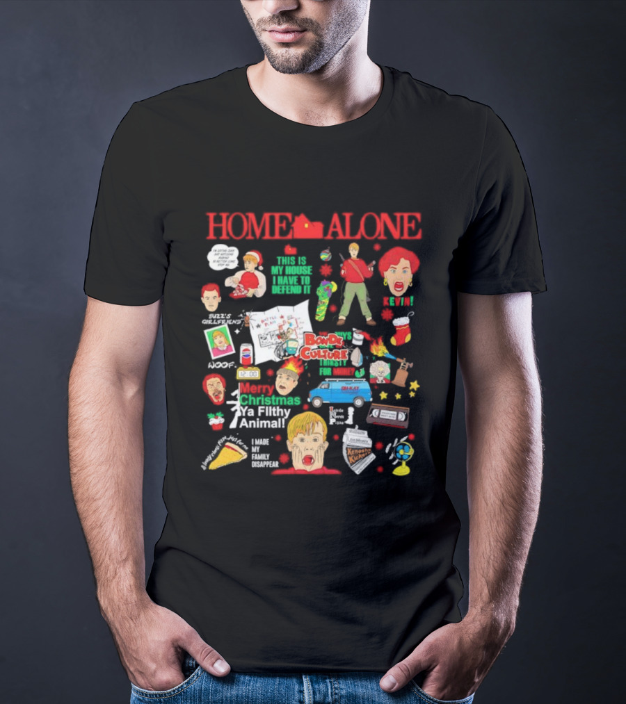 Home Alone Merry Christmas Ya Filthy Animal Buzz's Tarantula Booby Traps Harry Marv 90s Movie Pizza Pepsi T-Shirt