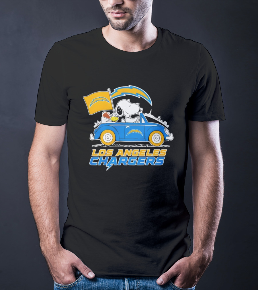Los Angeles Chargers Snoopy Woodstock Driving Car Peanuts NFL Logo T-Shirt