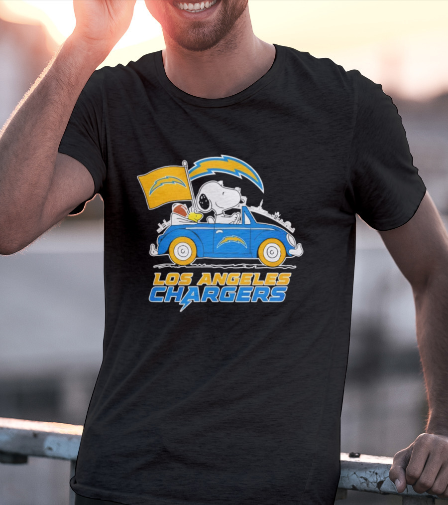 Los Angeles Chargers Snoopy Woodstock Driving Car Peanuts NFL Logo T-Shirt