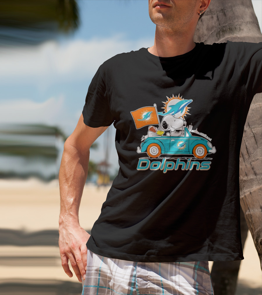 Miami Dolphins Snoopy Woodstock Driving With Flag And Logo T-Shirt