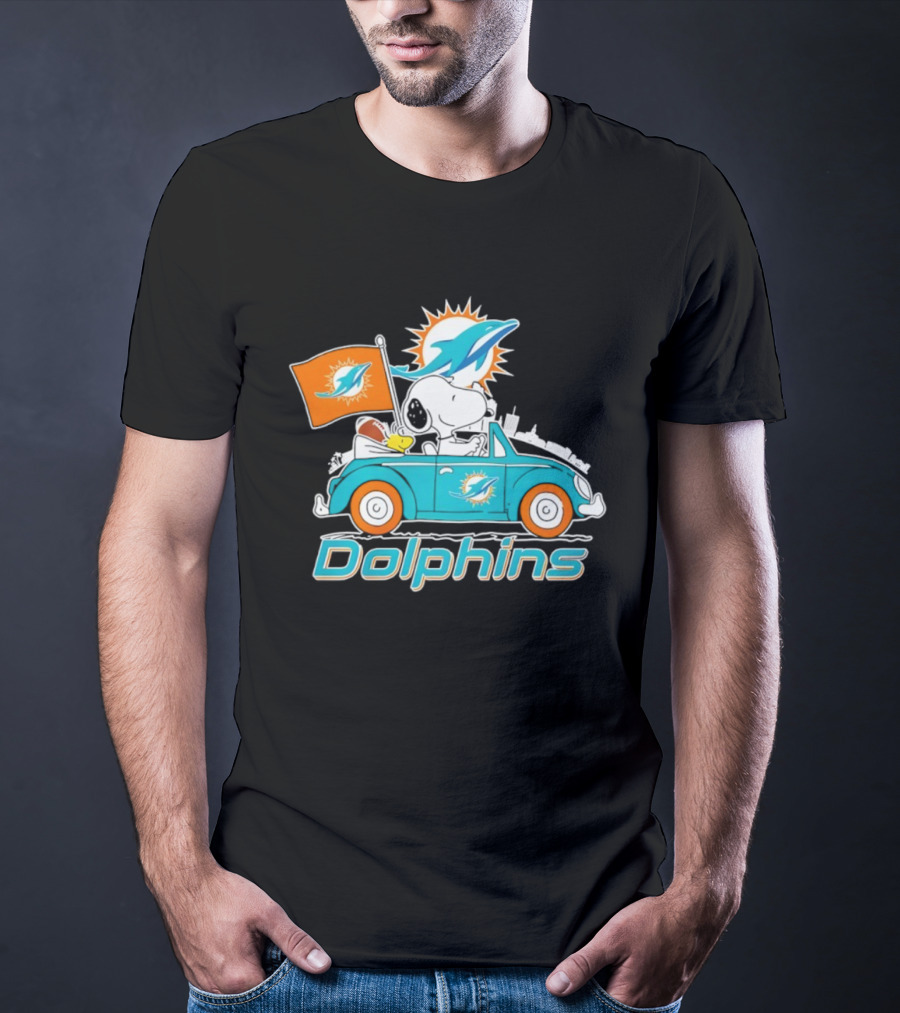 Miami Dolphins Snoopy Woodstock Driving With Flag And Logo T-Shirt