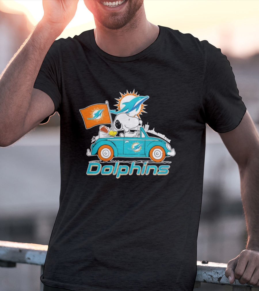 Miami Dolphins Snoopy Woodstock Driving With Flag And Logo T-Shirt