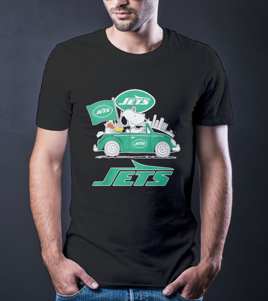 New York Jets Snoopy And Woodstock Driving City Adventure T-Shirt