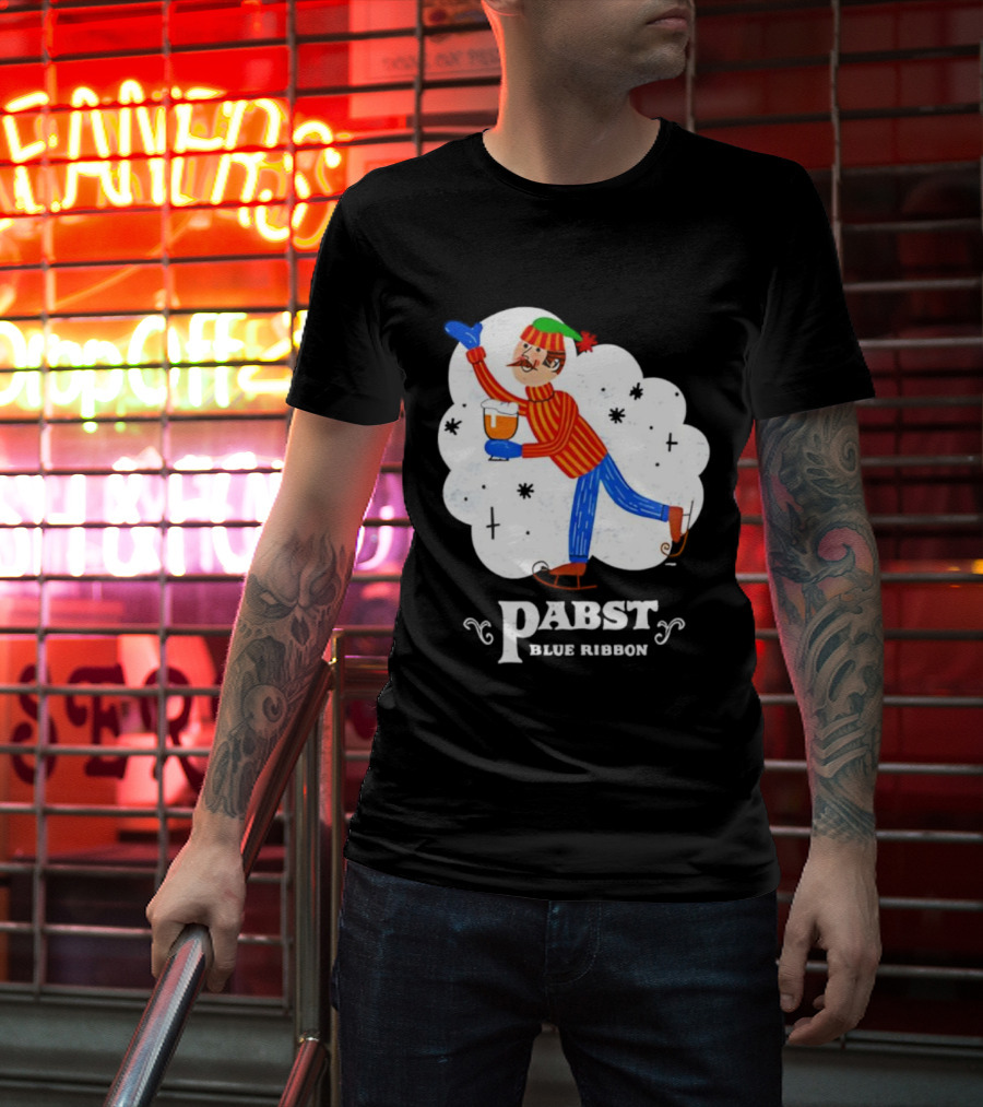 Pabst Blue Ribbon Vintage Holiday Ice Skating Elf T-Shirt