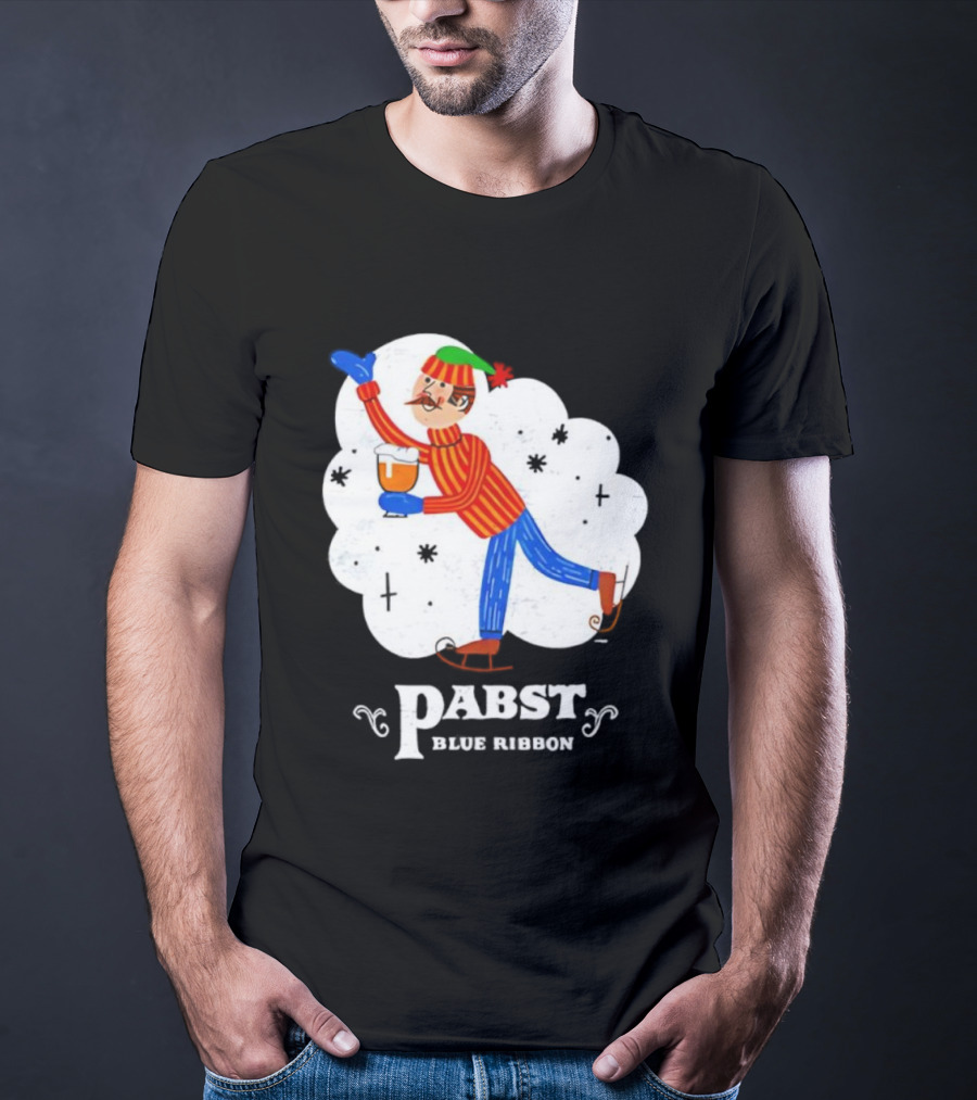 Pabst Blue Ribbon Vintage Holiday Ice Skating Elf T-Shirt