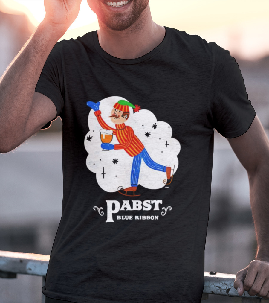 Pabst Blue Ribbon Vintage Holiday Ice Skating Elf T-Shirt