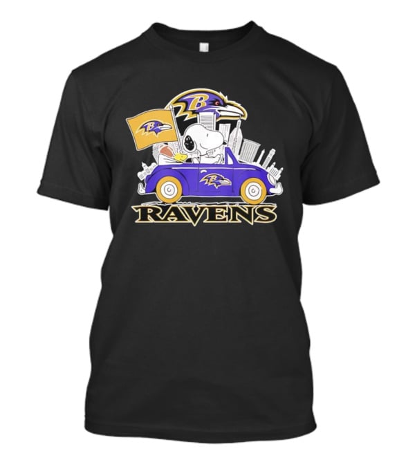 Snoopy Driving Baltimore Ravens Car Peanuts Collaboration With Flag And Raven Logo T-Shirt