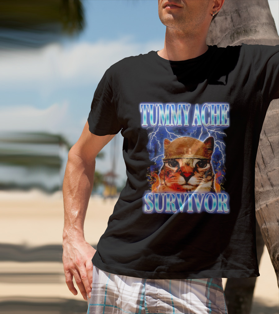 Tummy Ache Survivor Cat Meme Lightning Background T-Shirt