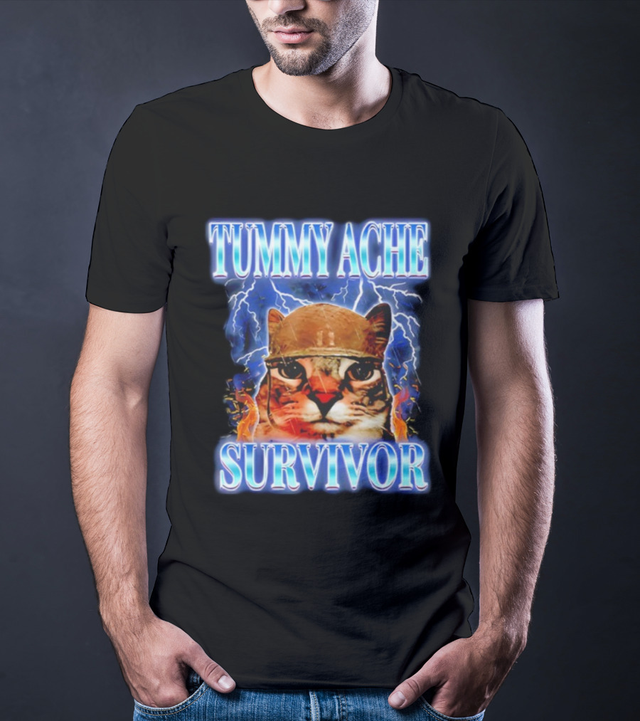 Tummy Ache Survivor Cat Meme Lightning Background T-Shirt