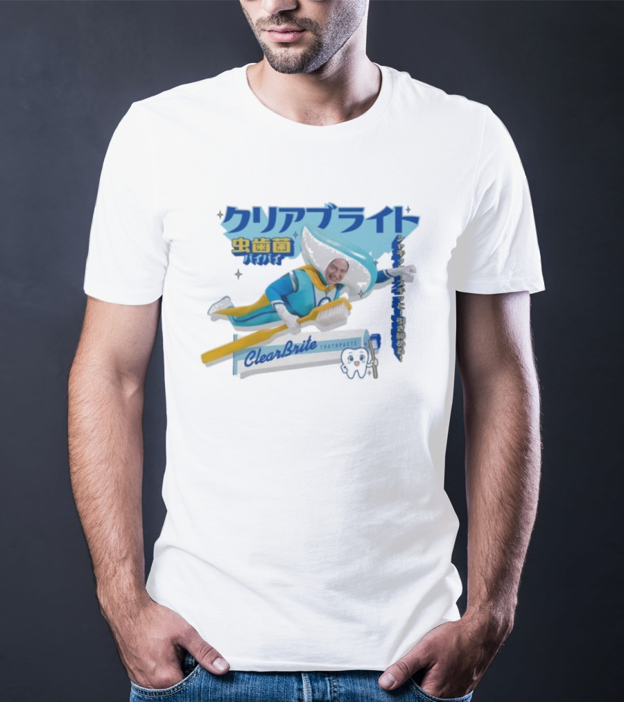 Clearbrite Toothpaste Flying Hero With Toothbrush And Japanese Text T-Shirt