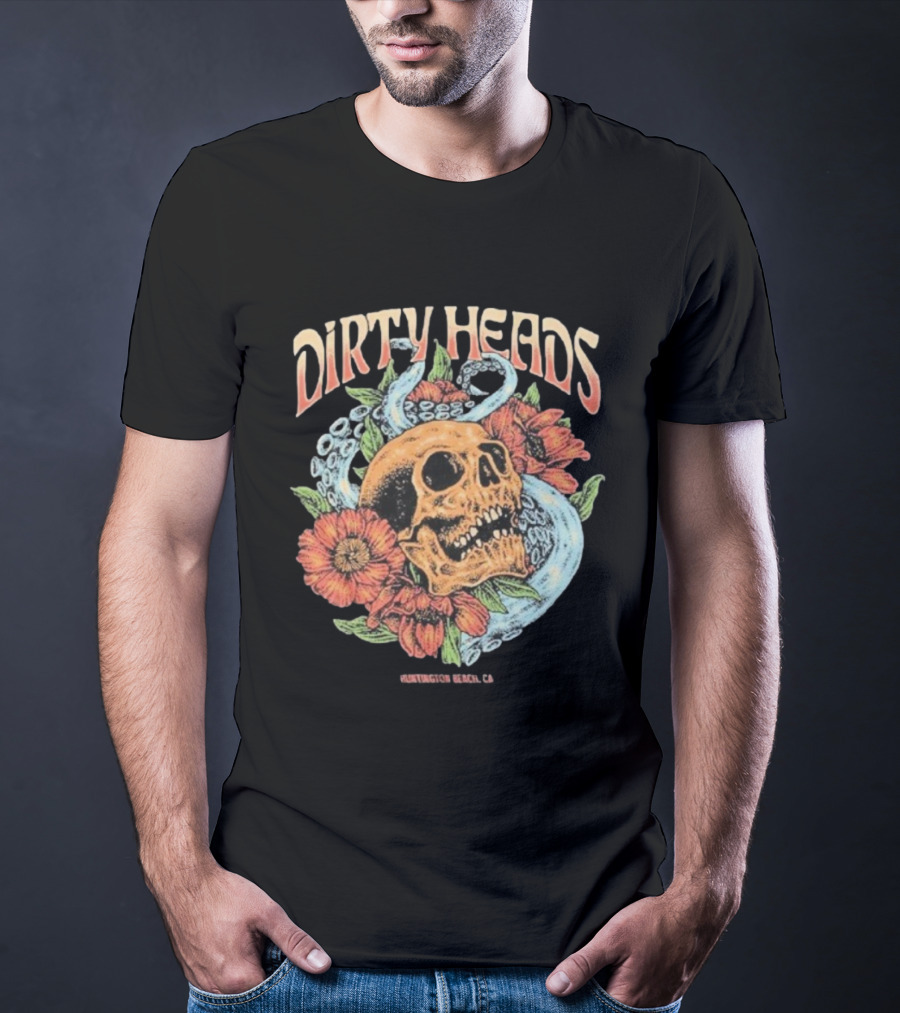 Dirty Heads Huntington Beach CA Skull Octopus Floral T-Shirt