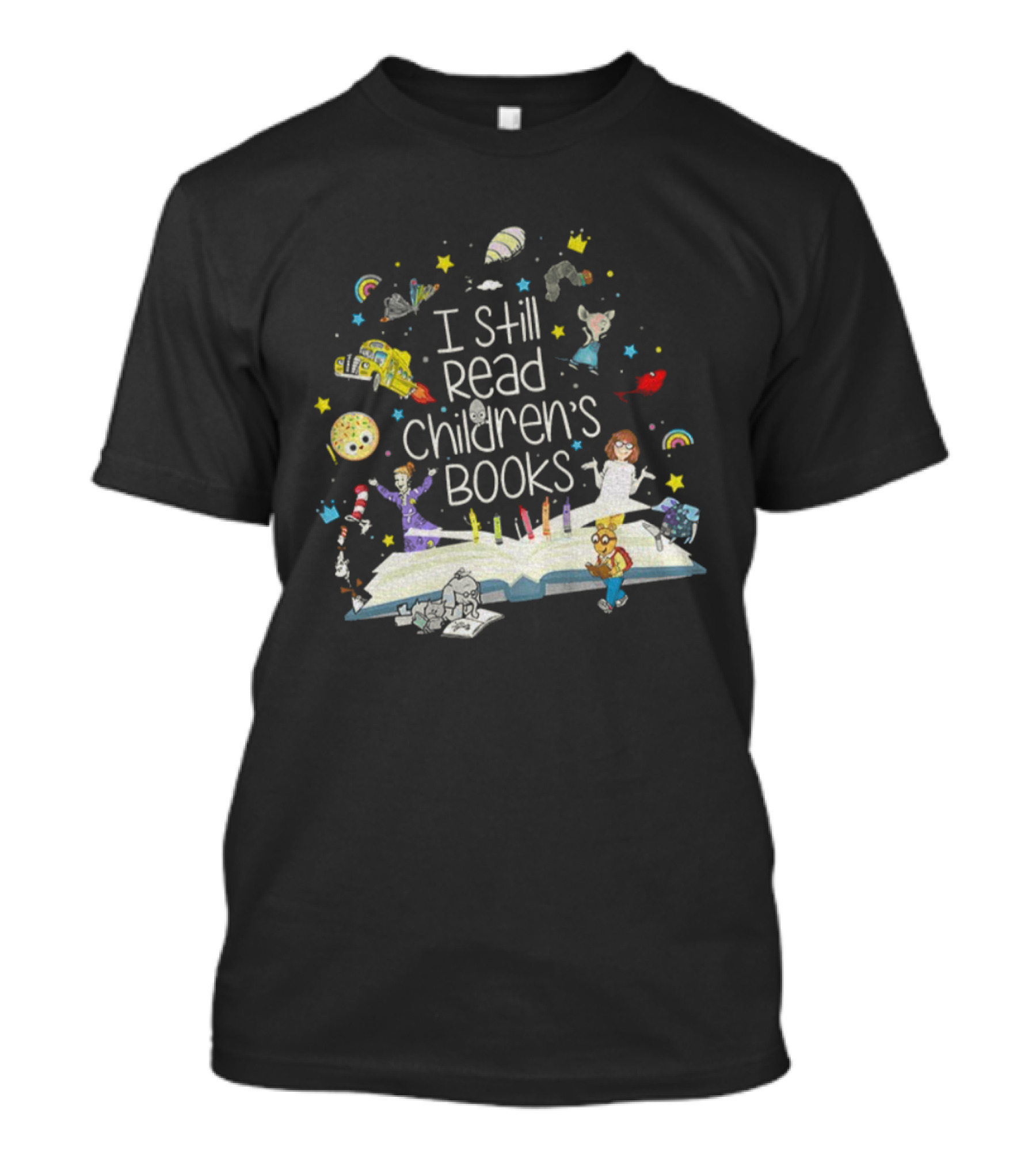 I Still Read Children's Books Open Book Characters Stars Rainbows T-Shirt