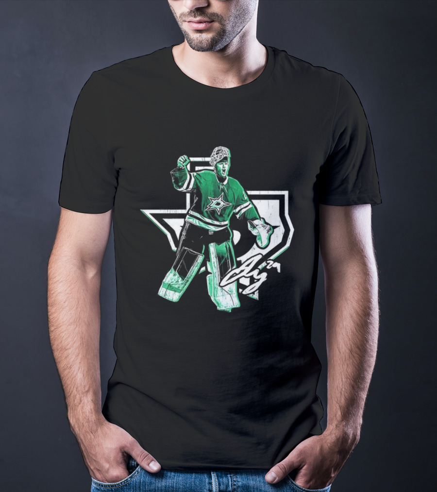 Jake Oettinger Dallas Stars NHL Texas Goalie Iconic Green White Gear T-Shirt