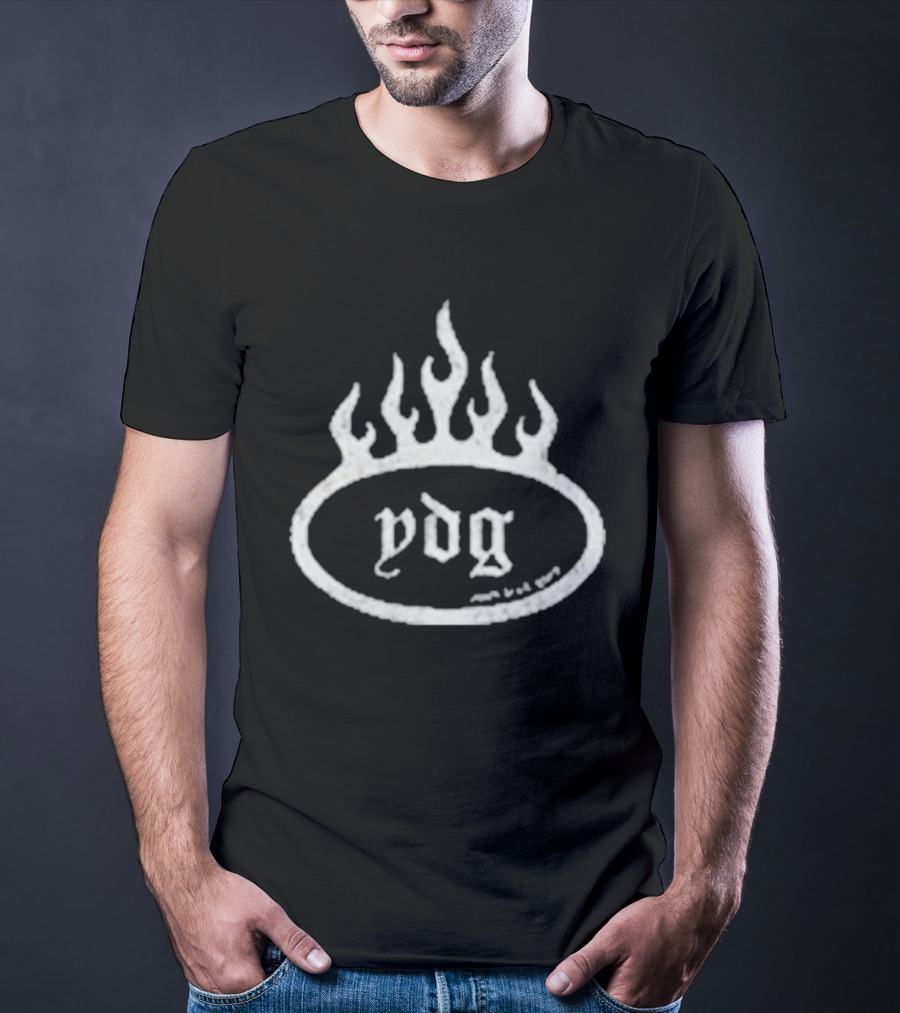 YDG Flame Oval With Gothic Script And Stylized Fire T-Shirt