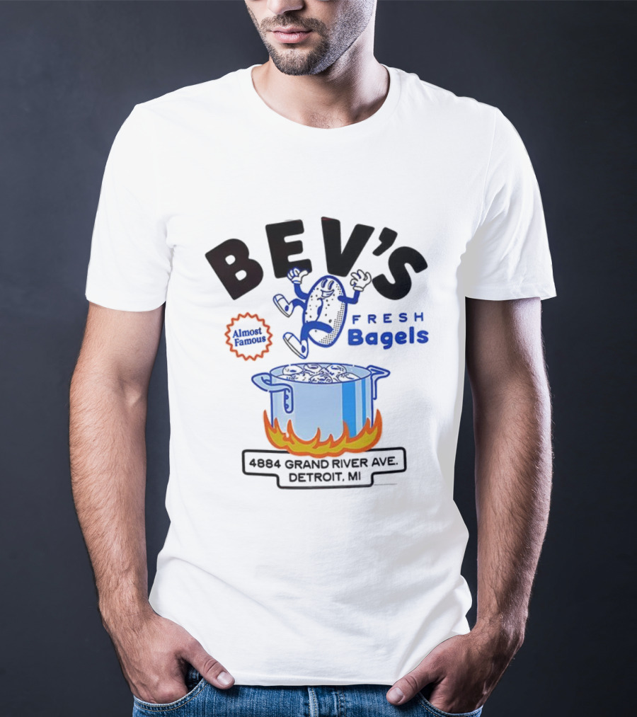 Bev’s Fresh Bagels 4884 Grand River Ave Detroit Animated Boiling Bagel Cartoon T-Shirt