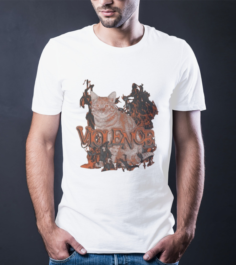 Violence Cat Flames Bold Typography Fiery Graphic T-Shirt