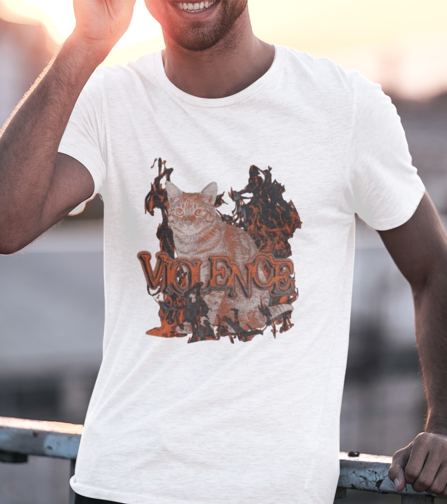 Violence Cat Flames Bold Typography Fiery Graphic T-Shirt