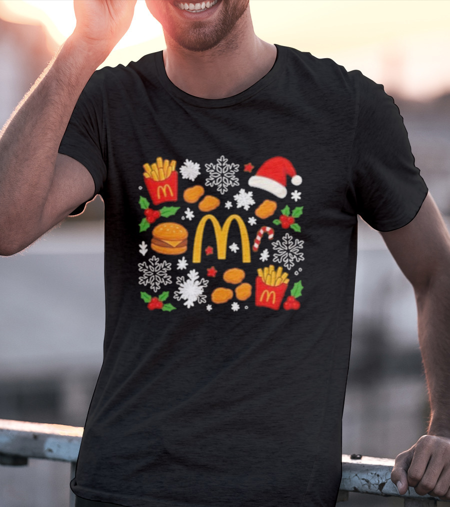 McDonald's Holiday Merry Christmas Fries Nuggets Snowflakes Candy Cane Santa Hat T-Shirt