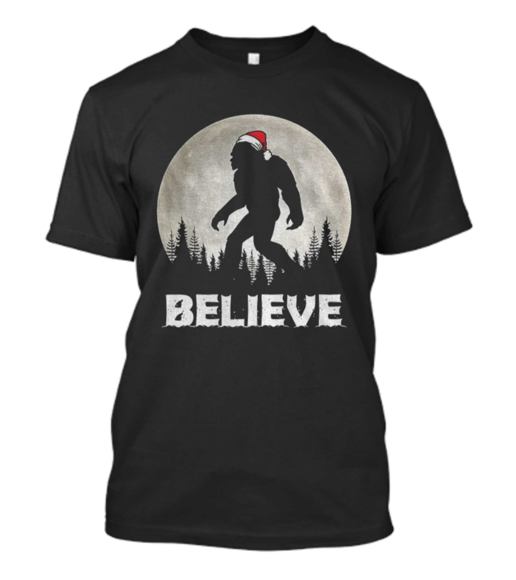 Believe Bigfoot Santa Sasquatch Merry Christmas Vintage Moon Scene T-Shirt