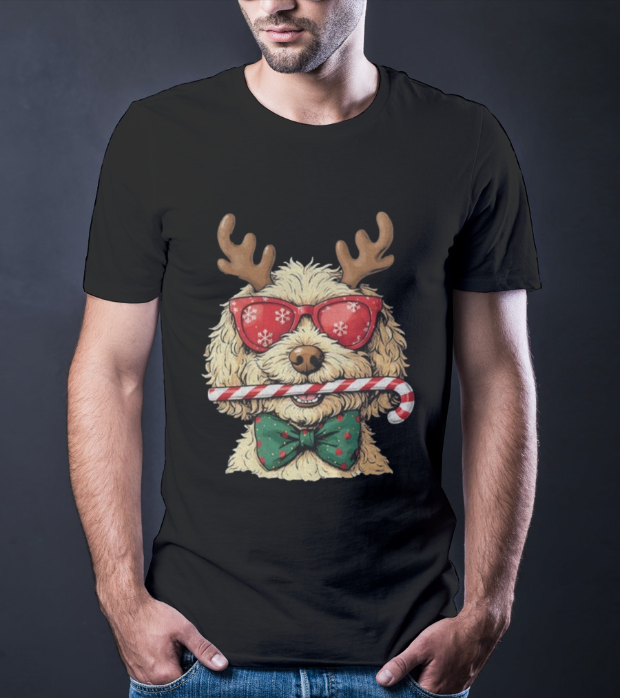 Goldendoodle Reindeer Antlers Candy Cane Snowflake Sunglasses Christmas Bow Tie T-Shirt