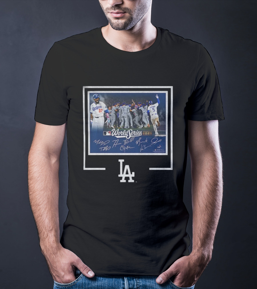 Los Angeles Dodgers 2025 World Series MLB Champions Autographed Photo Dodgers Team Celebration T-Shirt