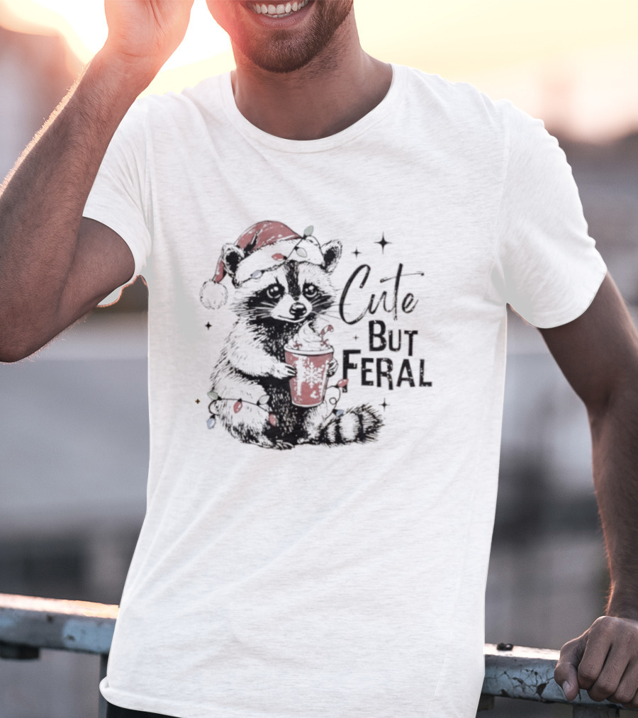 Cute But Feral Christmas Raccoon Santa Hat Lights Hot Cocoa T-Shirt