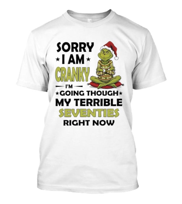 Sorry I Am Cranky Grinch Santa Hat Going Through My Terrible Seventies T-Shirt