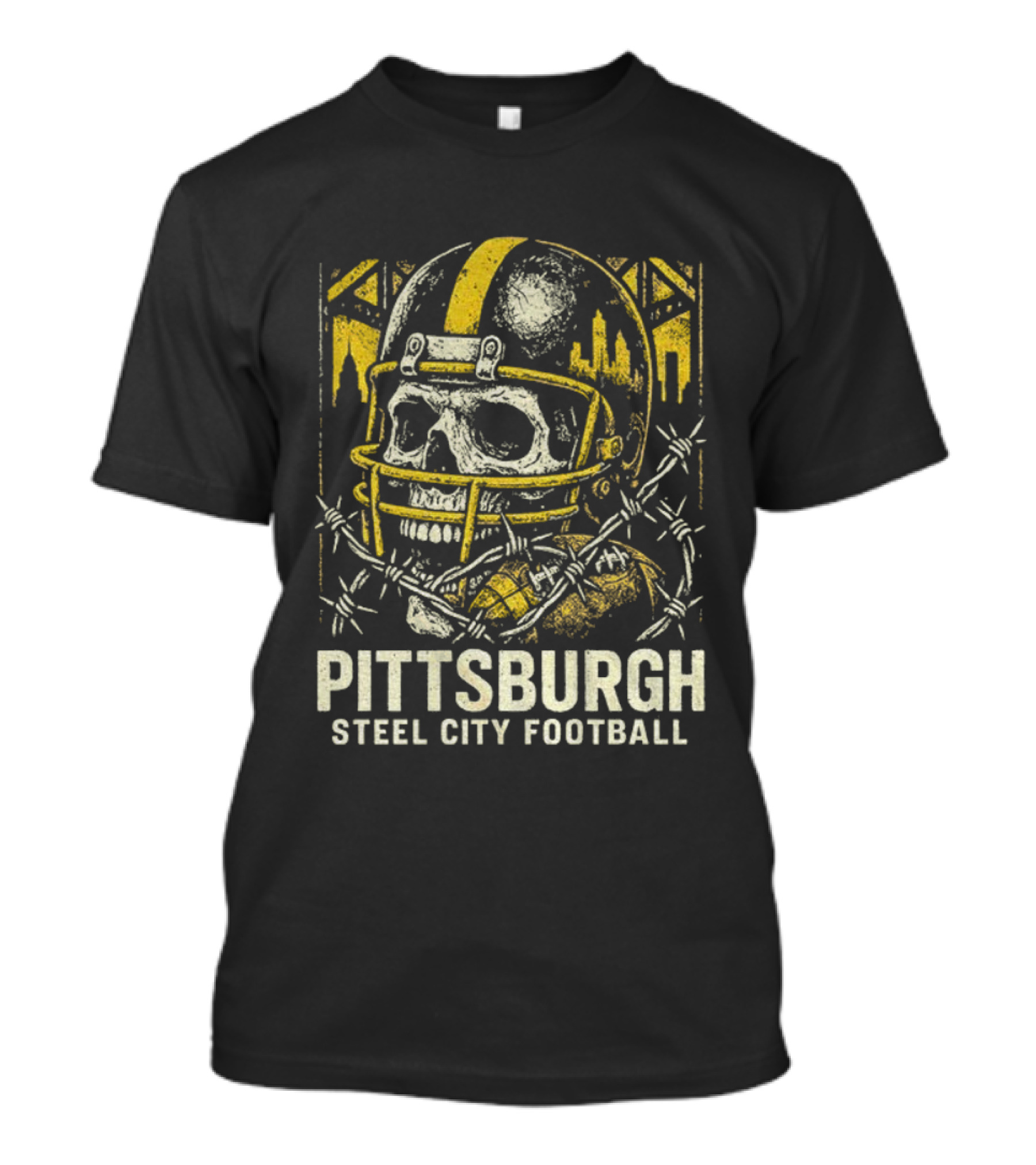 Pittsburgh Steel City Football Skull Helmet Barbed Wire Bridge Skyline T-Shirt