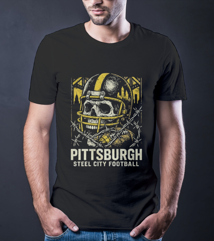 Pittsburgh Steel City Football Skull Helmet Barbed Wire Bridge Skyline T-Shirt