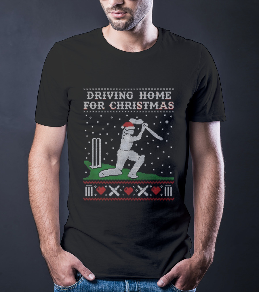 Driving Home For Christmas Cricket Player Santa Hat Snowflakes T-Shirt