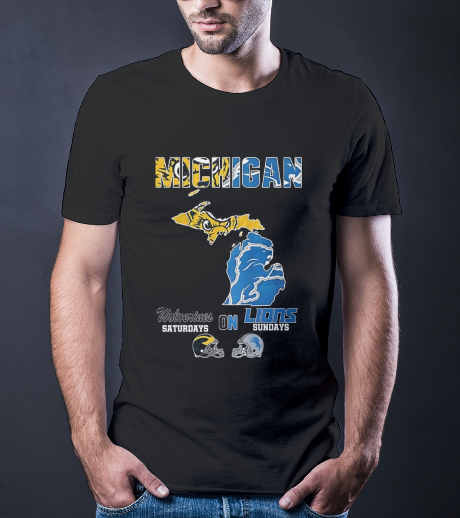 Michigan Wolverines Saturdays Detroit Lions Sundays Map T-Shirt