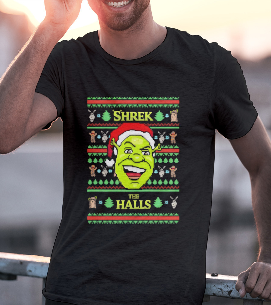 Shrek The Halls Christmas Ugly Sweater Design With Donkey And Santa Hat T-Shirt