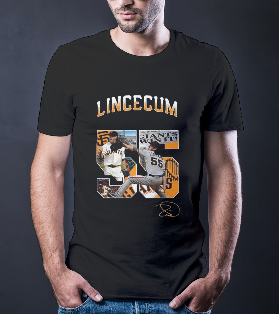 Lincecum Giants Number 55 Giants Win Orange Black Signature T-Shirt