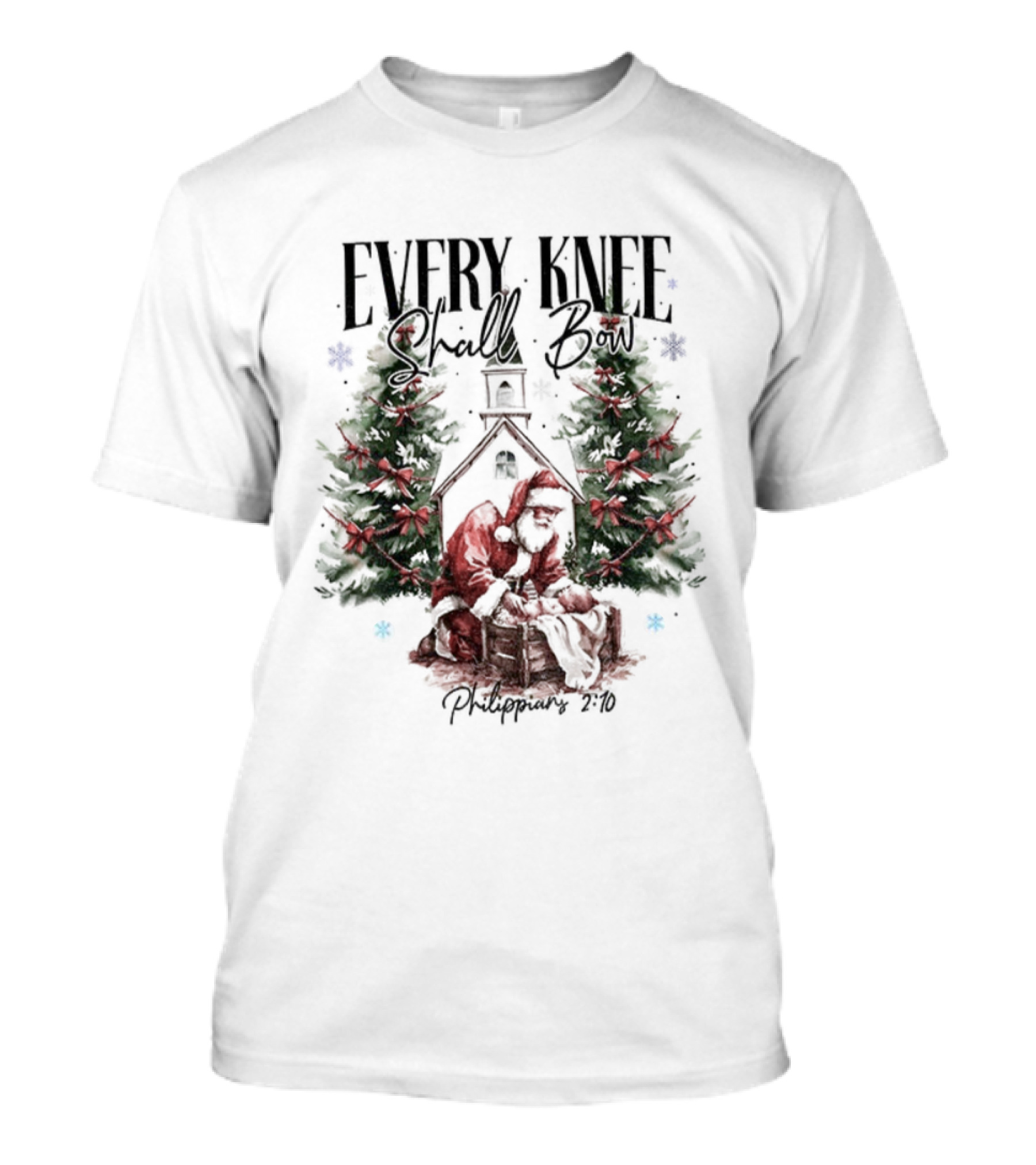 Every Knee Shall Bow Philippians 2:10 Santa Claus Christmas Trees T-Shirt