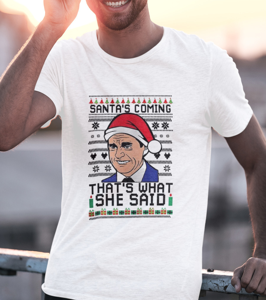 Michael Scott Santa Hat That's What She Said Christmas Sweater Style T-Shirt
