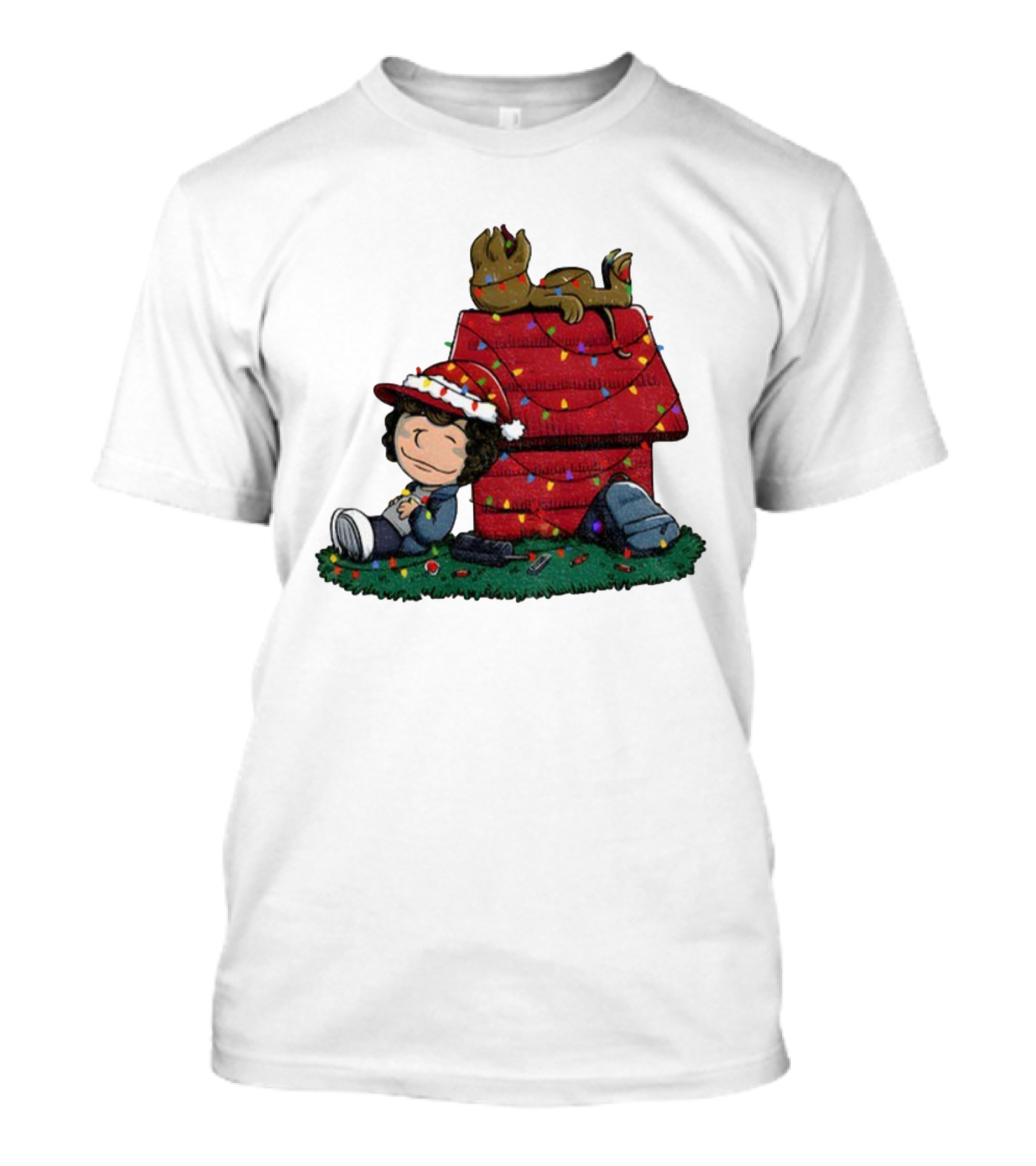 Peanuts Stranger Things Dustin Christmas Snoopy Doghouse Holiday Scene T-Shirt