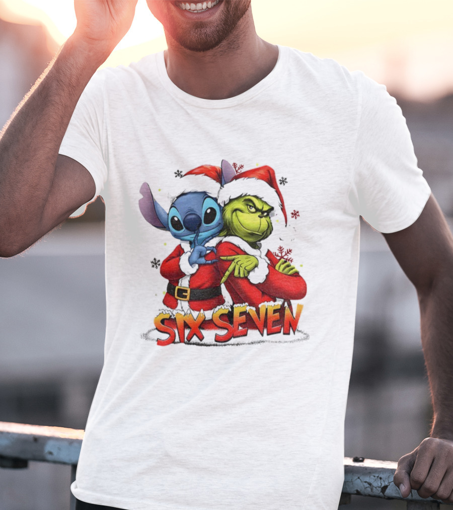 Stitch Grinch Santa Hat Six Seven Christmas Meme T-Shirt