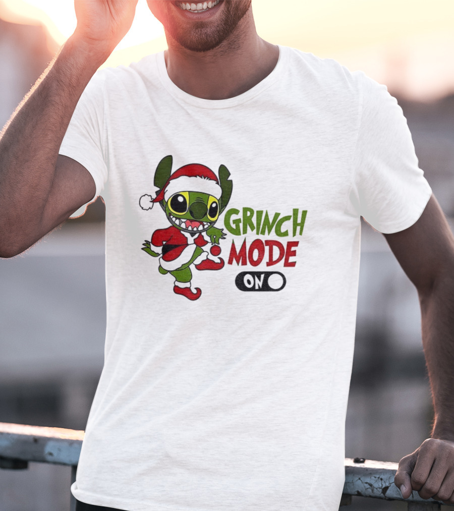 Stitch Grinch Santa Grinch Mode Merry Christmas Turn On T-Shirt