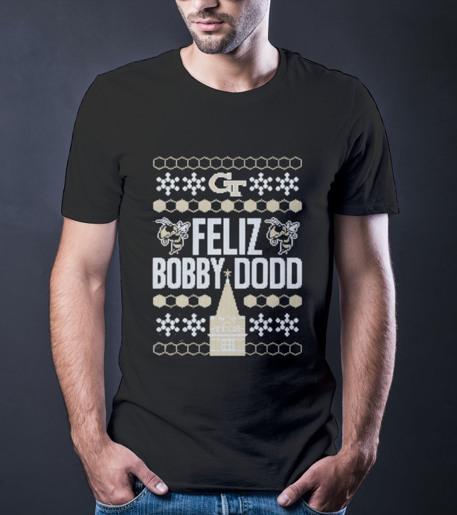 Georgia Tech GT Feliz Bobby Dodd Christmas Ornament Tech Snowflakes T-Shirt