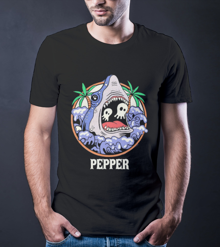 Skull-Waving Shark Attack Pepper Ocean Adventure T-Shirt