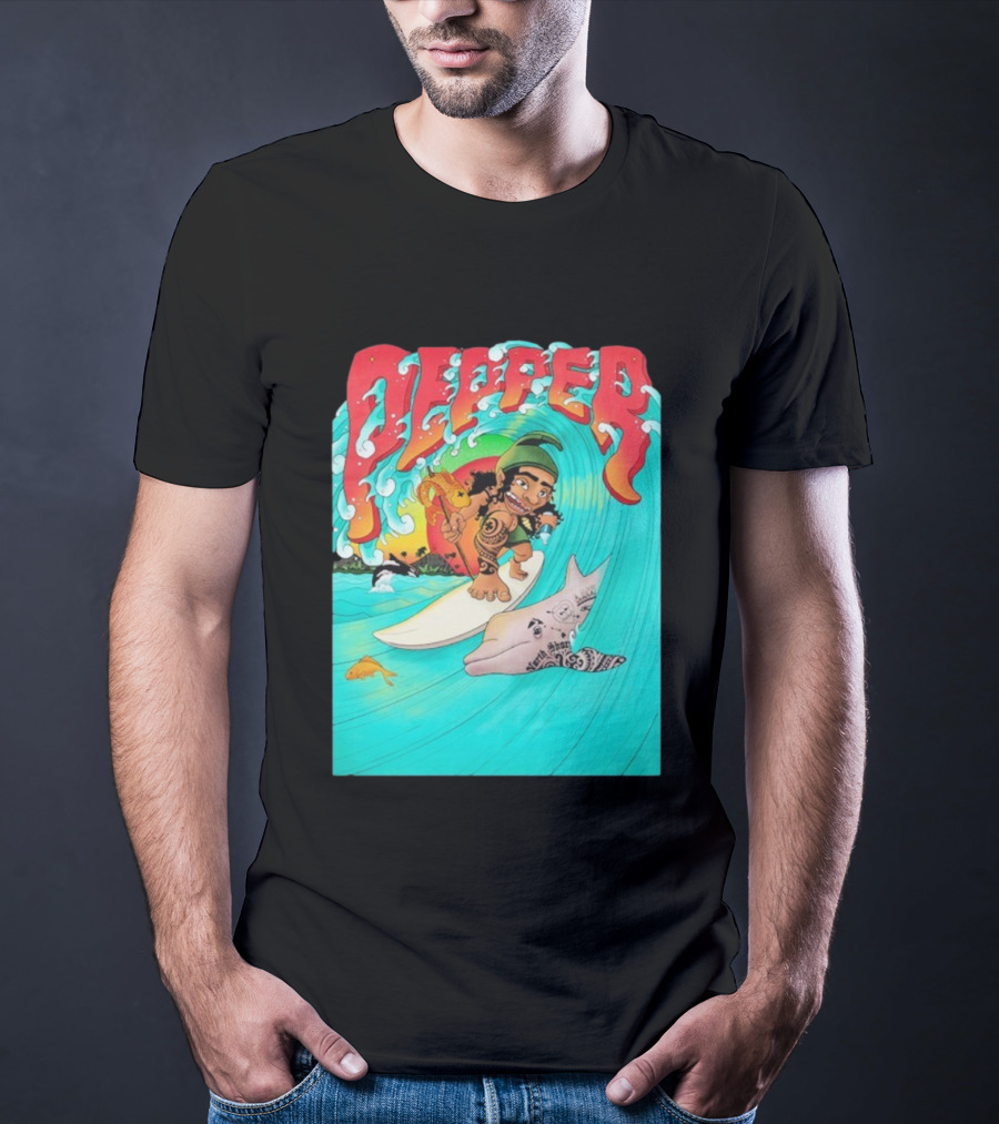 Pepper Surfer Riding Waves With Tattooed Dolphin T-Shirt