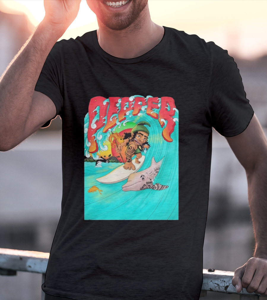 Pepper Surfer Riding Waves With Tattooed Dolphin T-Shirt