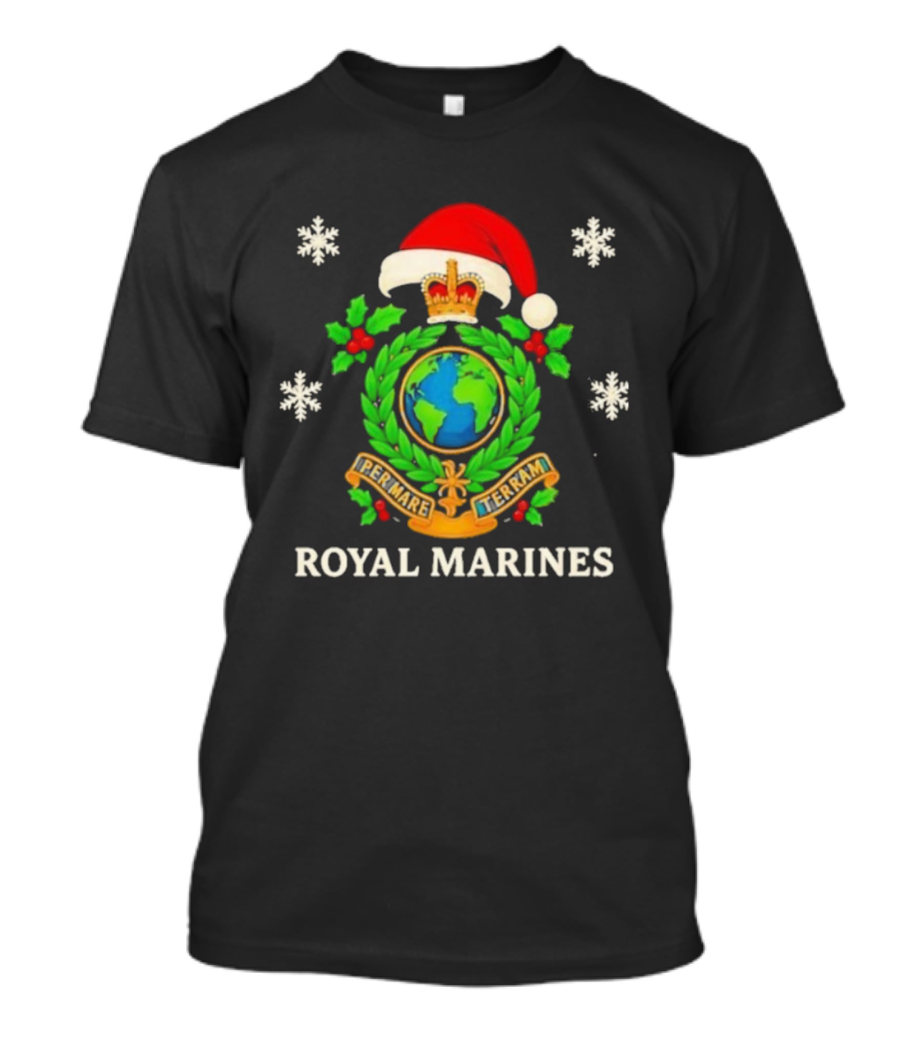 Royal Marines Christmas Per Mare Terram Santa Hat Snowflakes Green Wreath Globe Crest T-Shirt