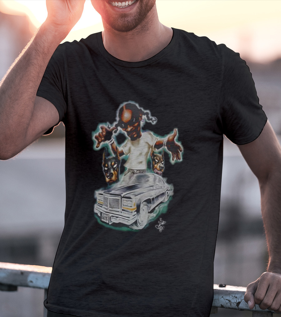 Snoop Dogg Caricature Posing With Car And Dogs T-Shirt