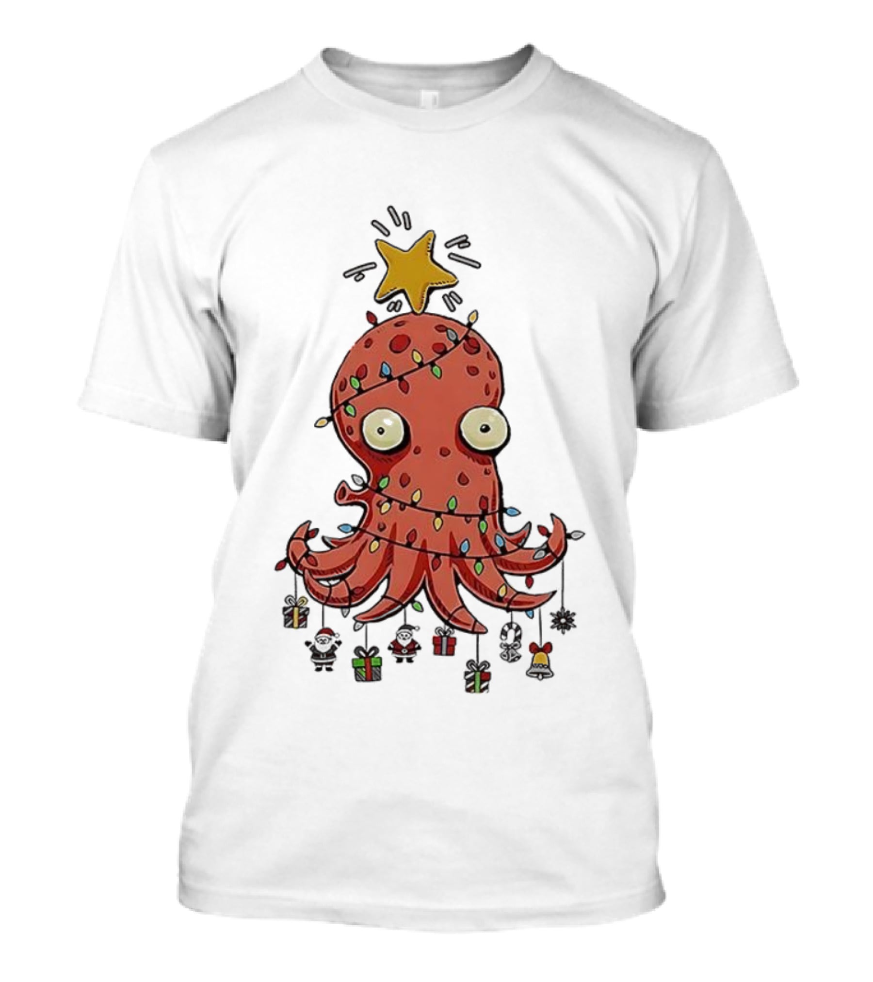 Christmas Octopus Tree Wrapped In Light Cords With Star And Decorations T-Shirt