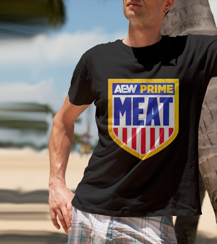 AEW Prime Meat Shield Bold Lettering And Stripes T-Shirt
