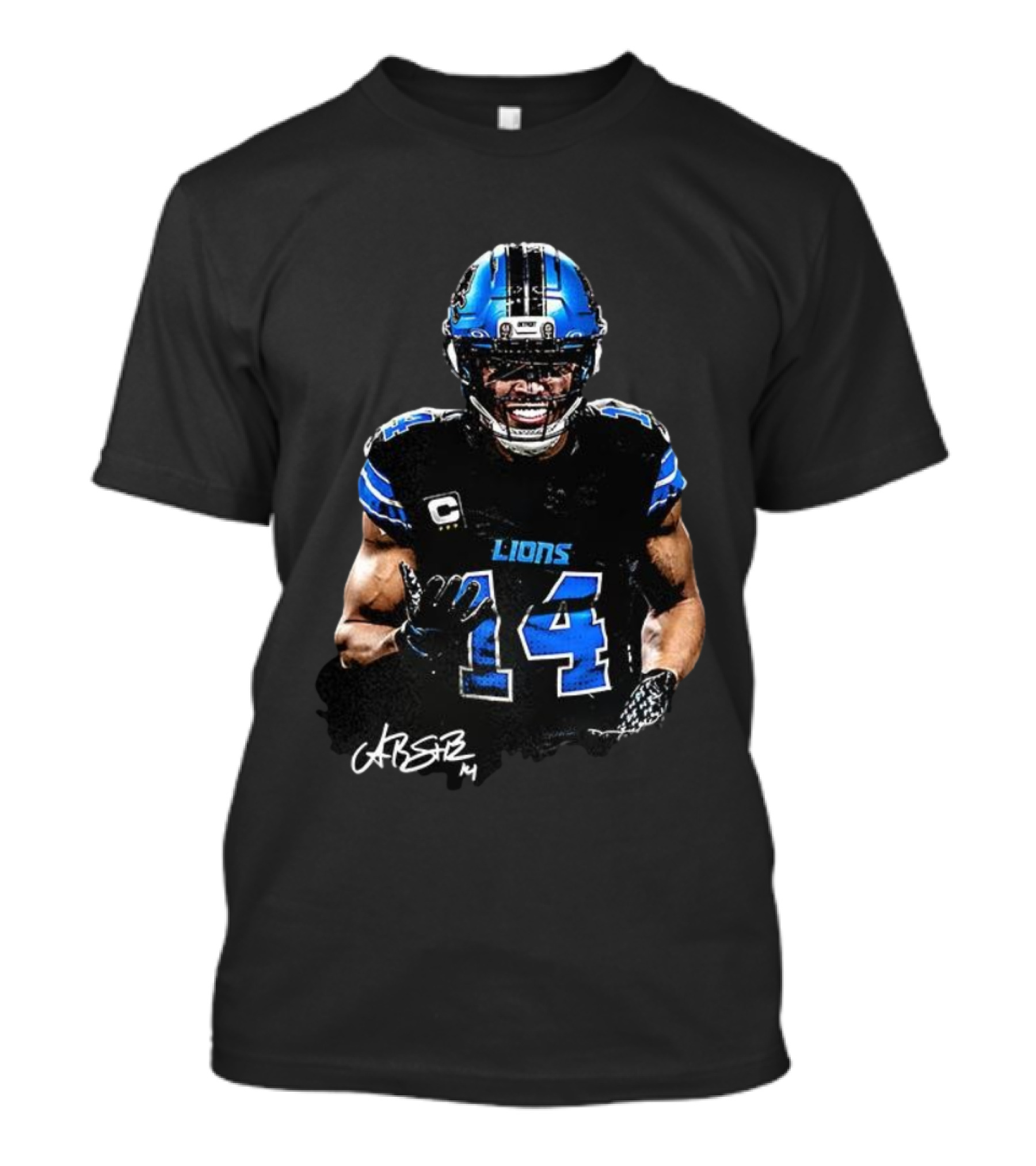 Amon-Ra St. Brown Lions Number 14 Signature Detroit Football T-Shirt