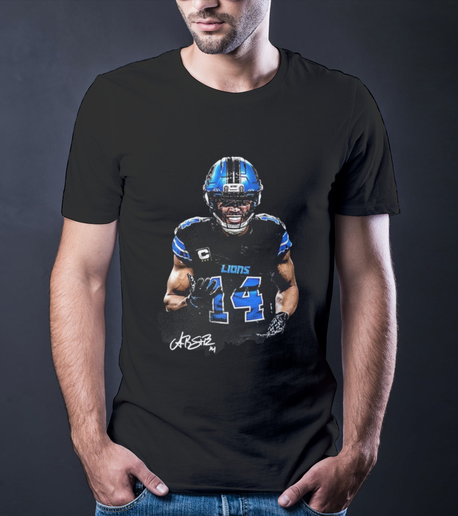 Amon-Ra St. Brown Lions Number 14 Signature Detroit Football T-Shirt