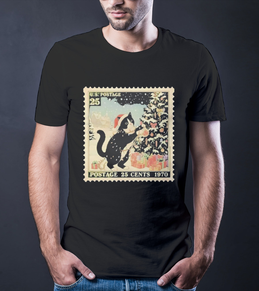 Cat Santa Hat U.S. Postage 25 Cents 1970 Christmas Tree T-Shirt